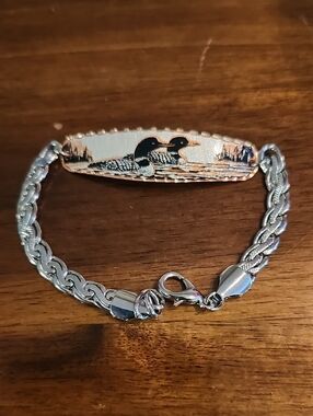 Handmade Canadian Loon Copper and Silvertone Chain Bracelet Mens or Womens
